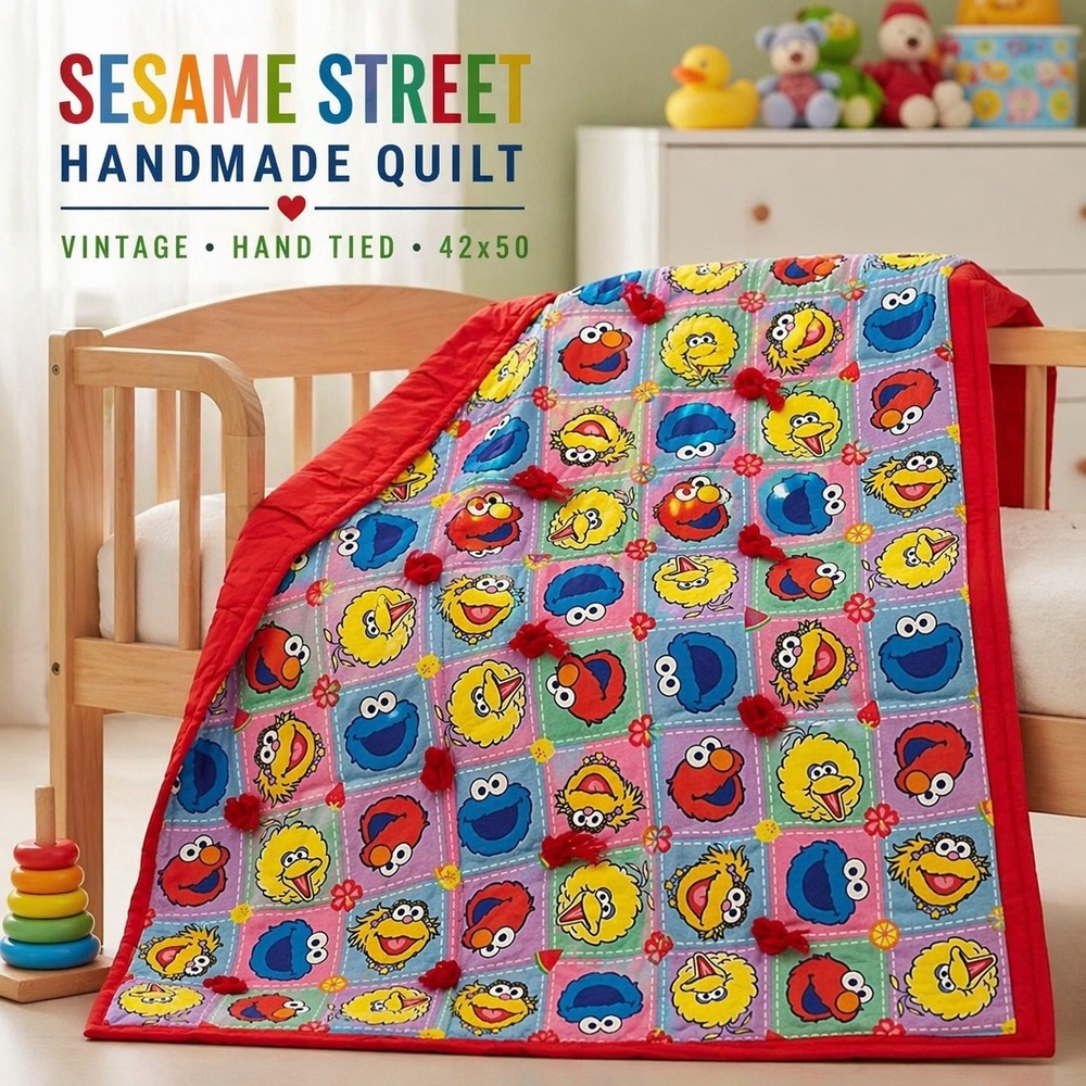 Vintage Sesame Street Handmade Quilt Hand Tied Elmo Big Bird 42x50 Red Backing